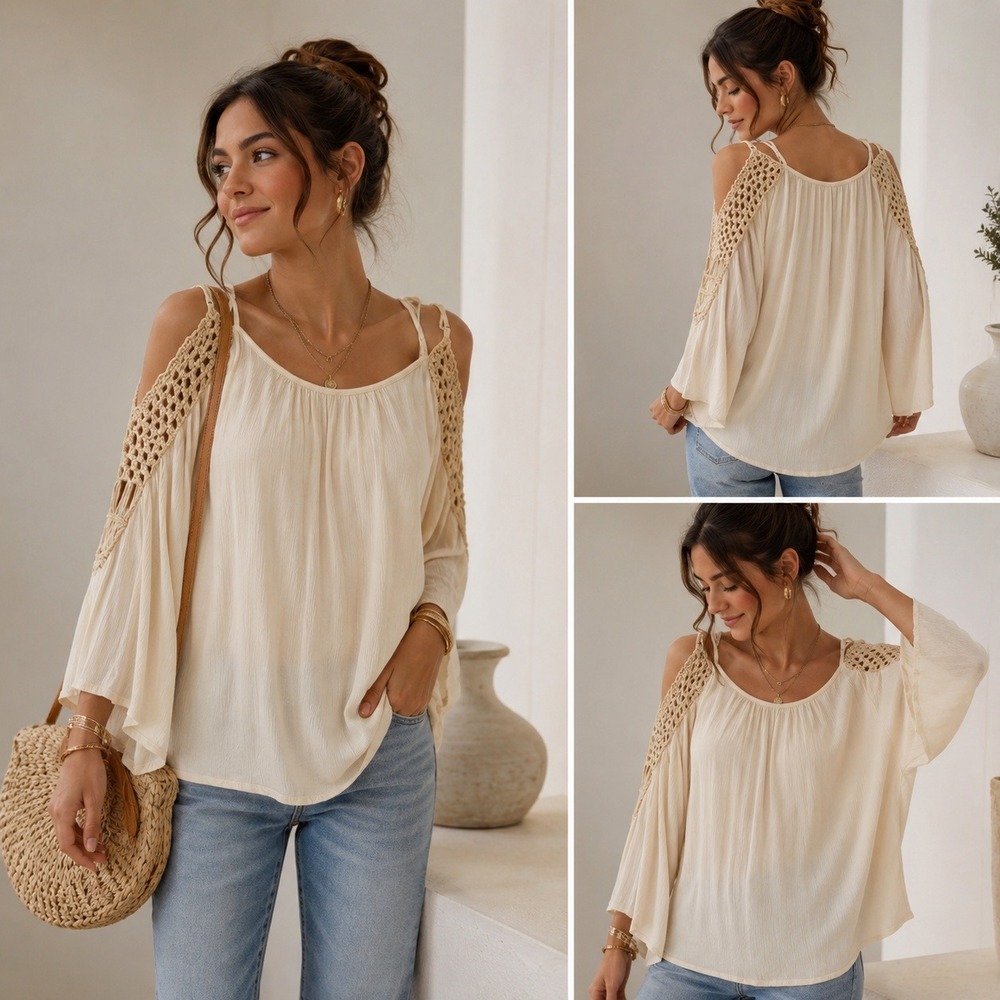 Vintage Havana Women Blouse Cream Crochet Cold Shoulder Bell Sleeve Boho Gauze S